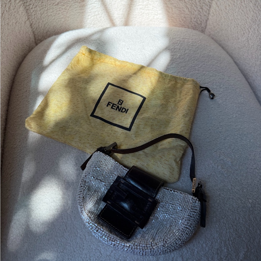 Fendi Beaded Croissant Mini Bag in White and Brown with Brown Leather Trim